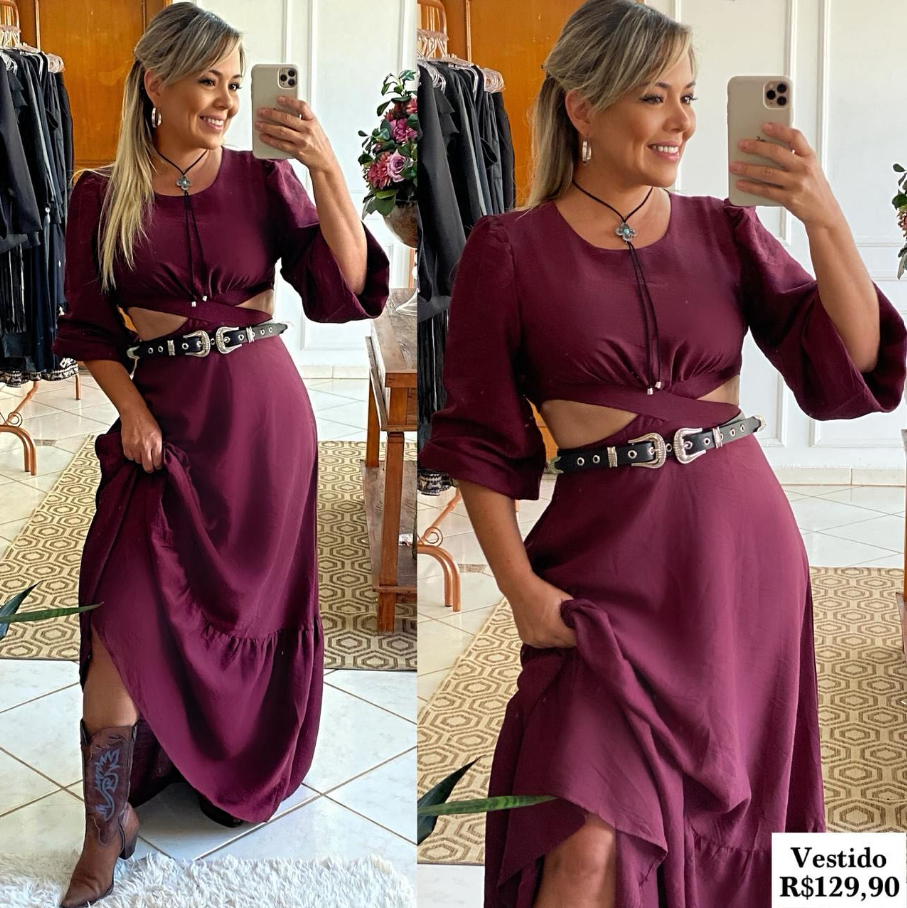 Vestido longo vinho com caimento solto