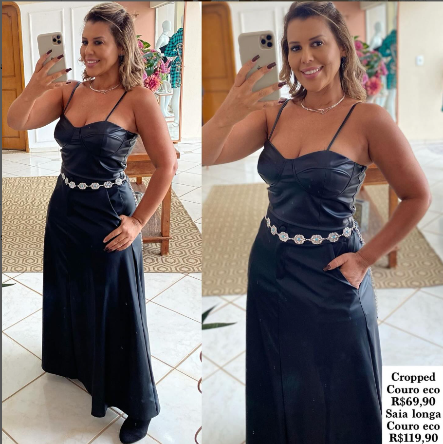 Conjunto preto cropped e saia longa couro eco