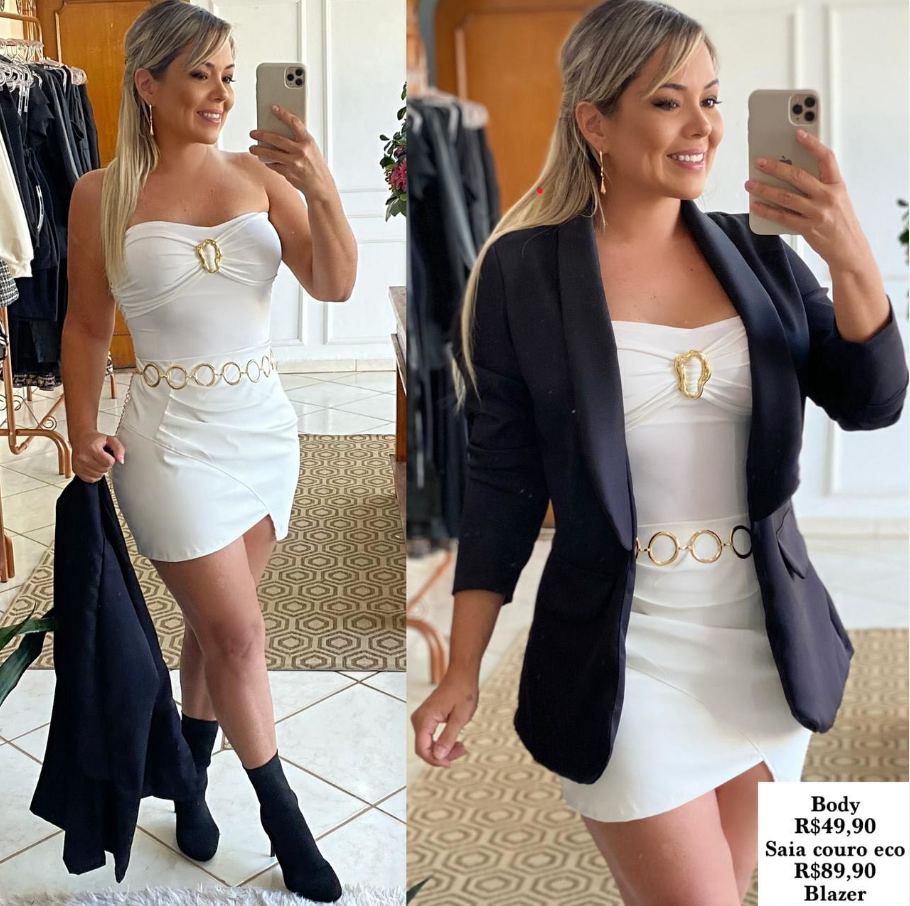 Conjunto body off white e saia couro eco